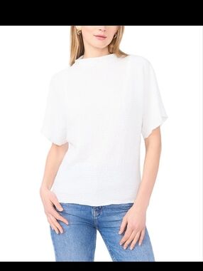 Vince Camuto White Short-Sleeve Mock Neck Textured Top